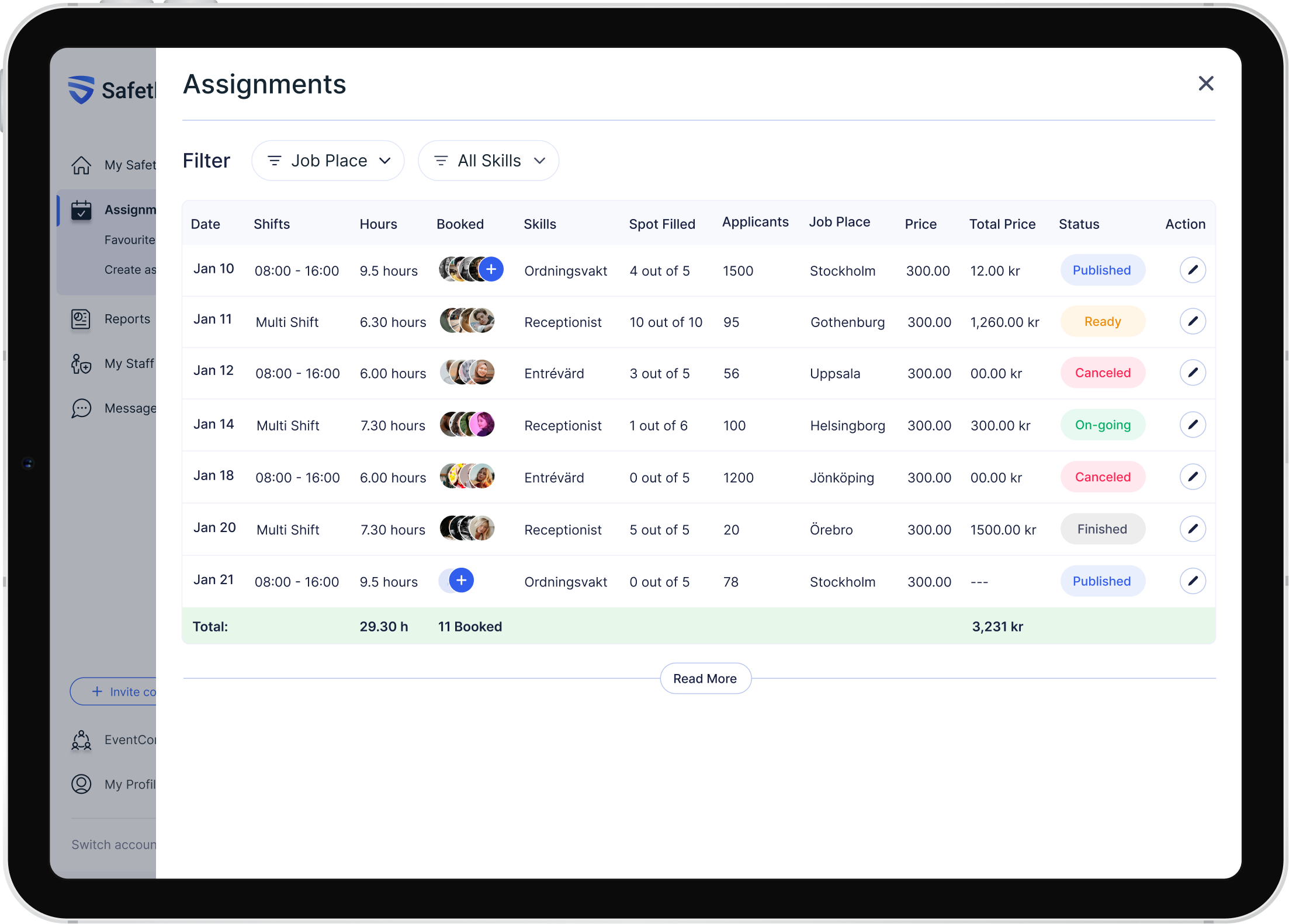 Assignments tablet interface